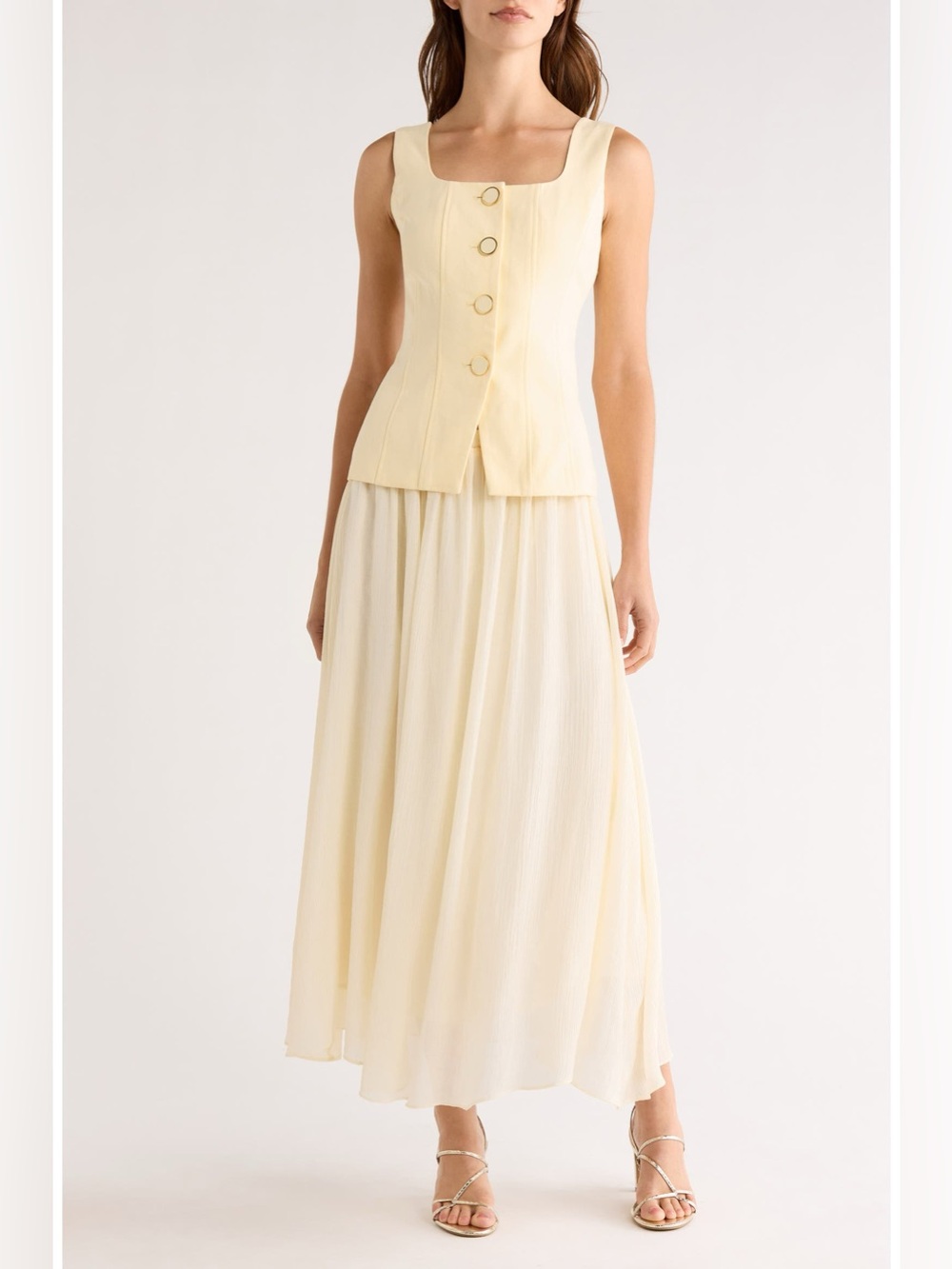Moon River Yellow and Ivory Square Neck Vest Midi Dress Size XS NWT
